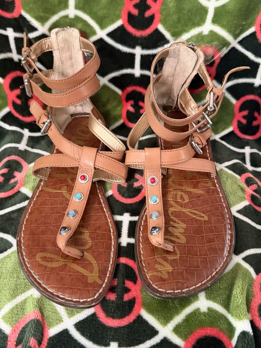 Sam Edelman Tan Leather Gladiator Sandals with Multicolor Stones